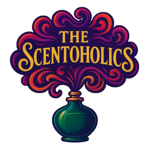 Decorative logo for 'The Scentoholics' with colorful swirls and a green bottle on beige background